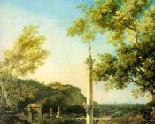 卡纳莱托 : 幻想画-有柱的河景观，一俱损的罗马凯旋门，回忆的英格兰