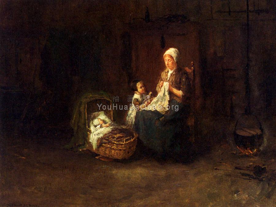 A Mother And Her Children In An Interior - 伯纳德·德·胡格 - 世界著名画家画作欣赏 - 油画艺术中心